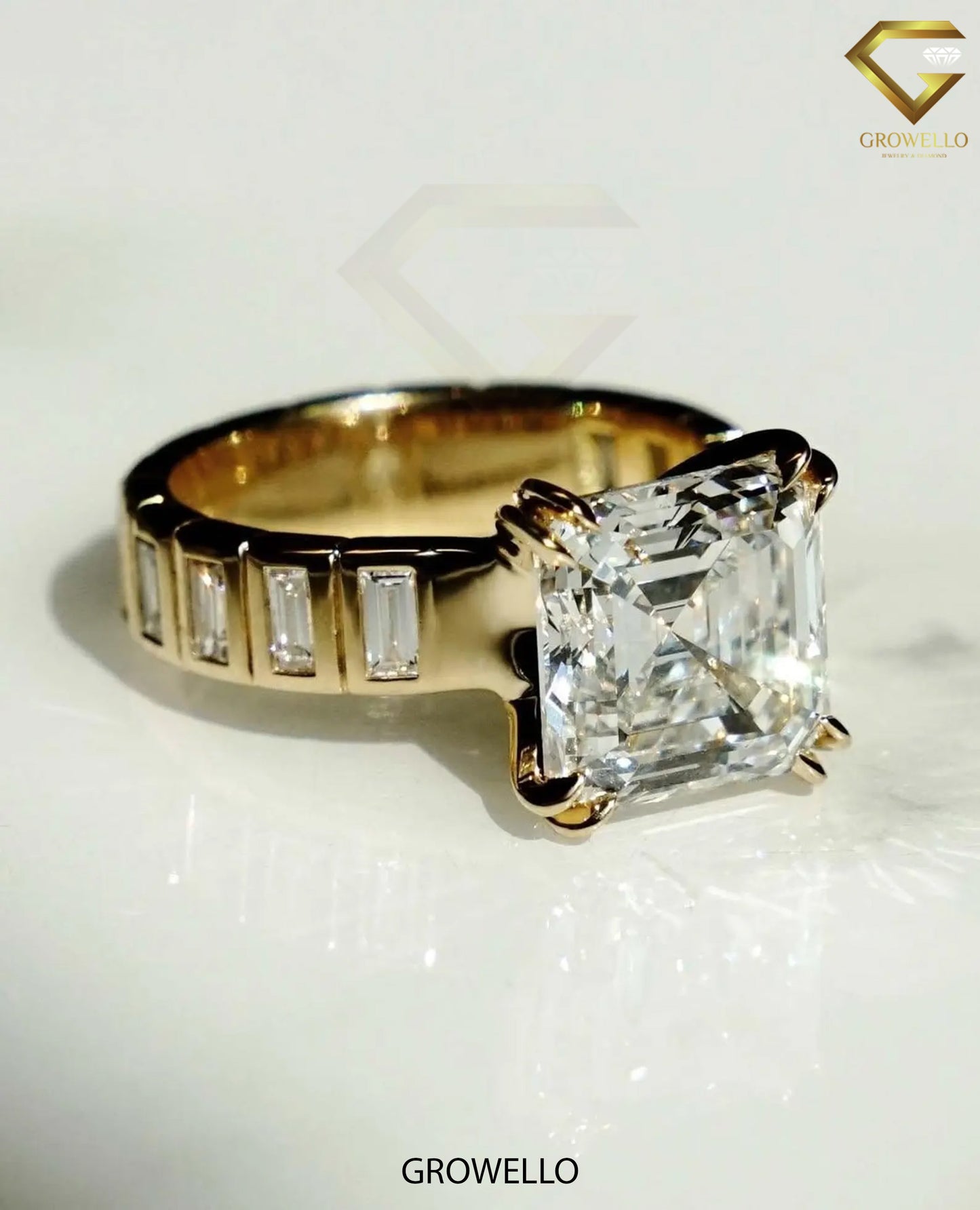 3CT Asscher Cut Engagement Ring, Art Deco Baguette Band, Solid Gold, Lab-Grown & Moissanite Diamond
