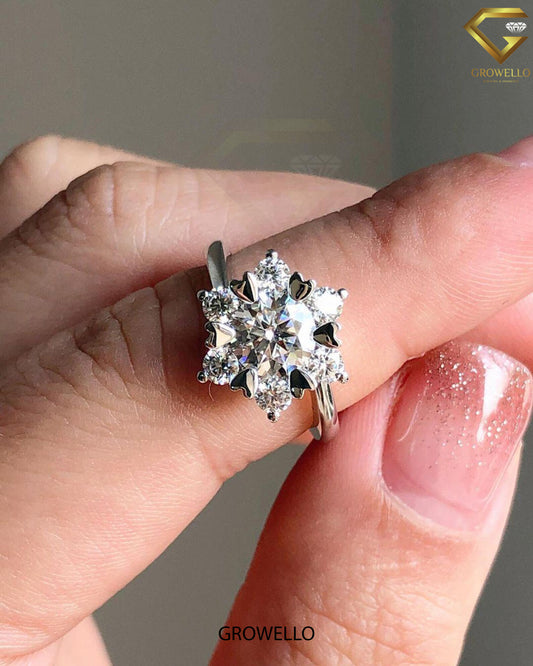 2CT Round Snowflake Halo Engagement Ring, Starburst Cluster, Solid Gold, Lab-Grown or Moissanite Diamond