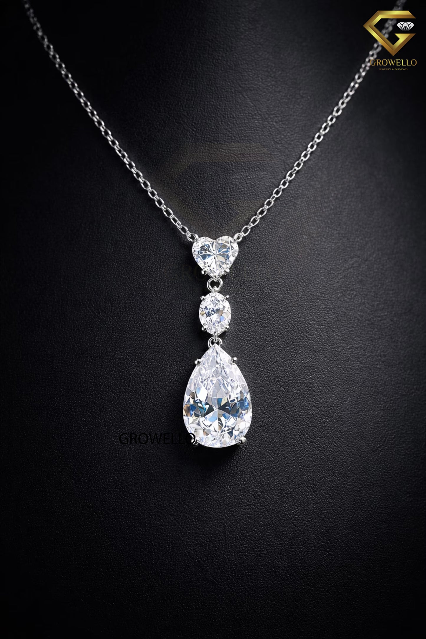Heart Oval Pear Drop Necklace, 3 Stone Pendant, Solid Gold, Lab Grown Diamond or Moissanite
