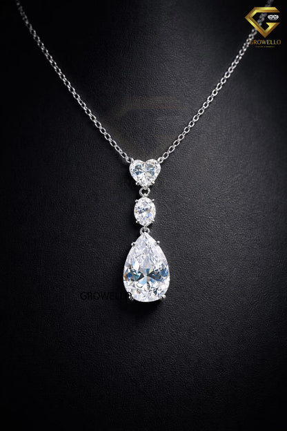 Heart Oval Pear Drop Necklace, 3 Stone Pendant, Solid Gold, Lab Grown Diamond or Moissanite