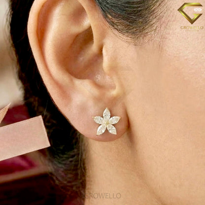 Marquise Flower Stud Earrings, Floral Cluster, Solid Gold, Lab Grown Diamond or Moissanite