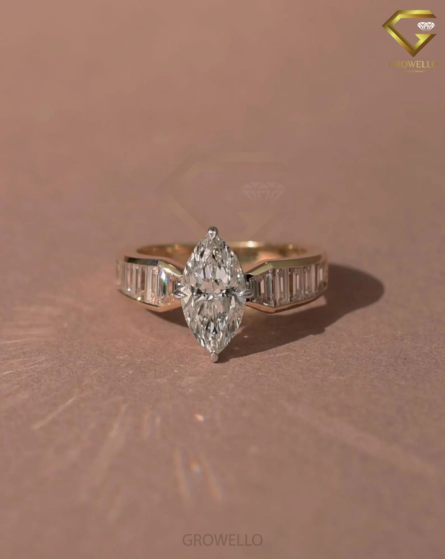 3 CT Marquise Baguette Engagement Ring, Tapered Band, Solid Gold, Lab Grown Diamond or Moissanite
