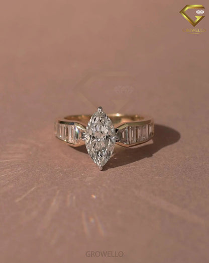 3 CT Marquise Baguette Engagement Ring, Tapered Band, Solid Gold, Lab Grown Diamond or Moissanite