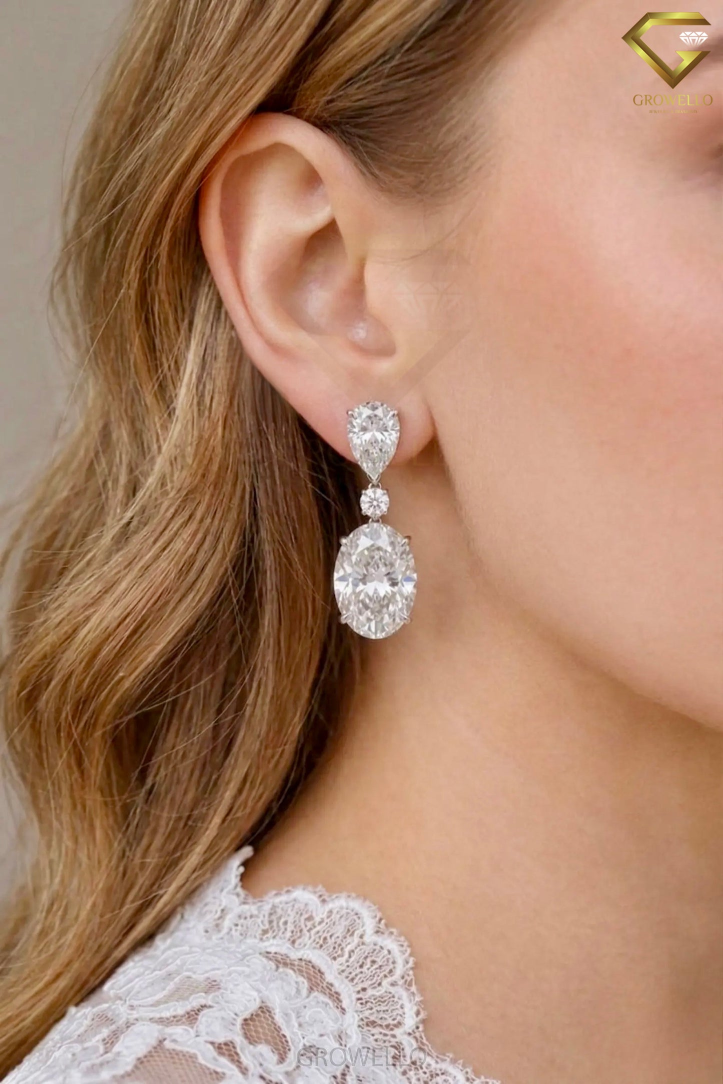 5 CT Oval Drop Earrings, Pear Round Three Stone, Solid Gold, Lab Grown Diamond or Moissanite