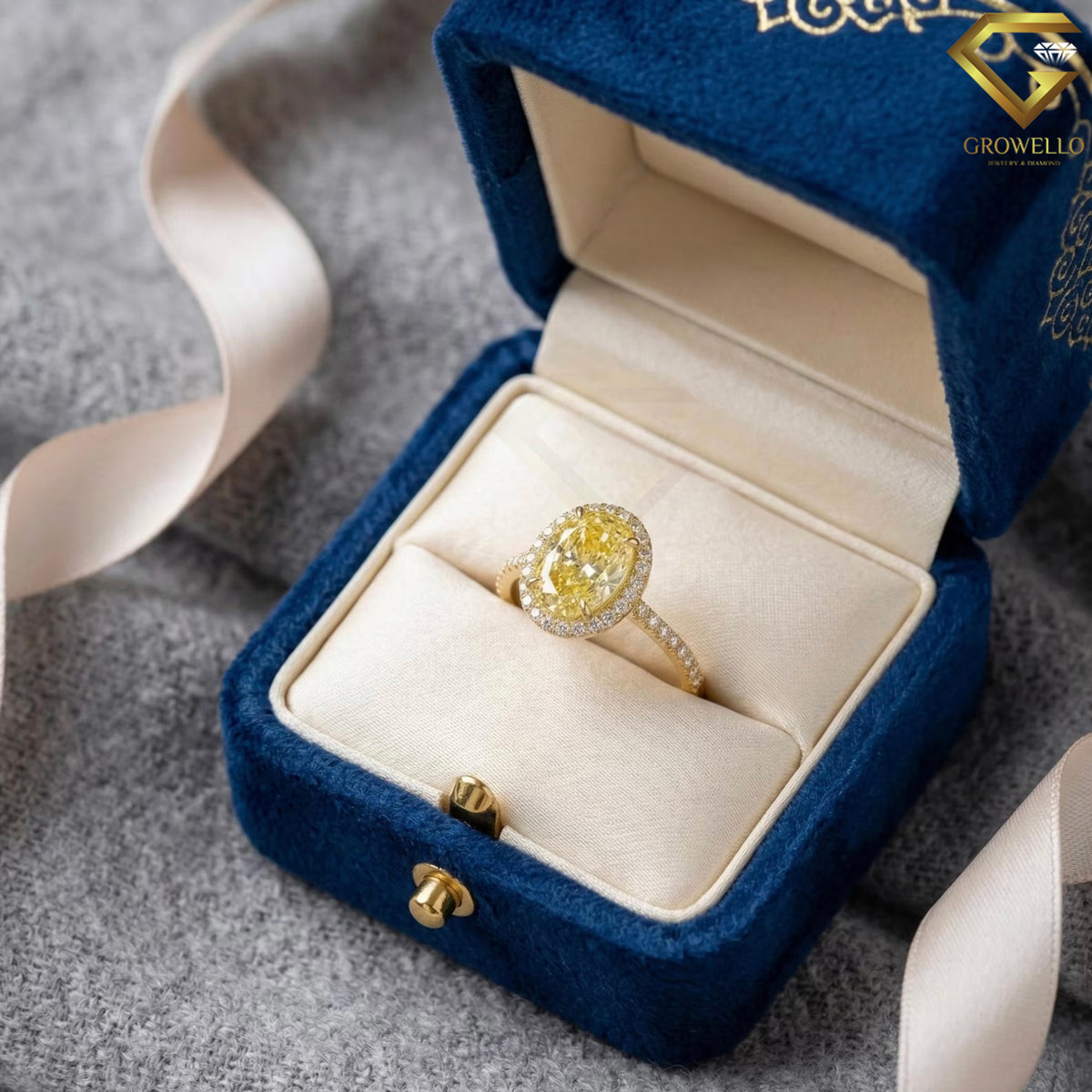 4 CT Yellow Oval Halo Engagement Ring, Pave Band, Solid Gold, IGI Lab Grown Diamond or Moissanite