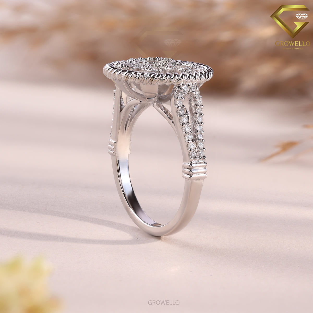 OM Symbol Halo Engagement Ring, Pave Split Shank, Solid Gold, Lab Grown Diamond or Moissanite