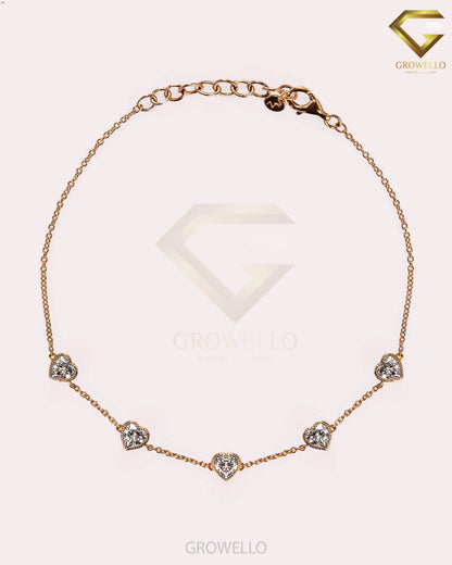 5mm Heart Cut Diamond Bracelet, Five Stone Solid Gold Bracelet, Lab Grown or Moissanite