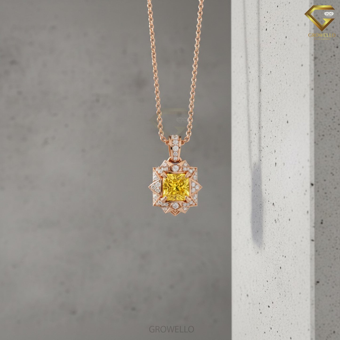 2CT Yellow Princess Cut Starburst Halo Pendant, Art Deco Geometric Necklace, Solid Gold, Lab-Grown Diamond or Moissanite