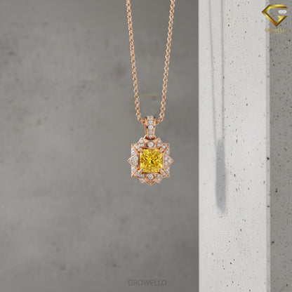 2CT Yellow Princess Cut Starburst Halo Pendant, Art Deco Geometric Necklace, Solid Gold, Lab-Grown Diamond or Moissanite