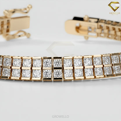Princess Cut 3MM Diamond Tennis Bracelet, Double Row Grid Link, Solid Gold, Lab-Grown Diamond or Moissanite