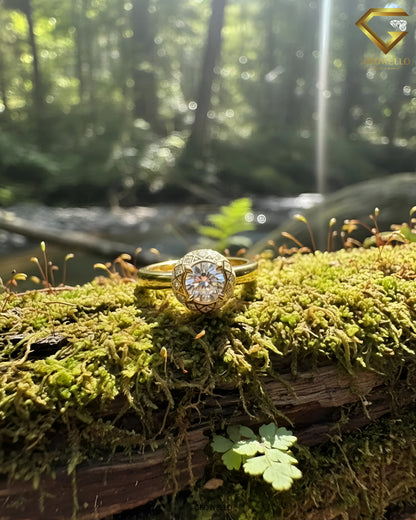 2CT Round Halo Engagement Ring, Geometric Vintage Dome Setting, Solid Gold, Lab Grown Diamond or Moissanite