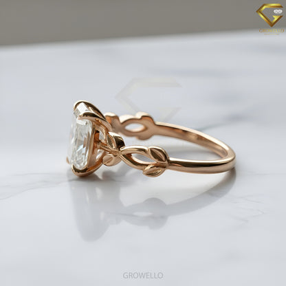 3CT Emerald Leaf Vine Engagement Ring, Nature Inspired, Solid Gold, Lab-Grown Diamond or Moissanite