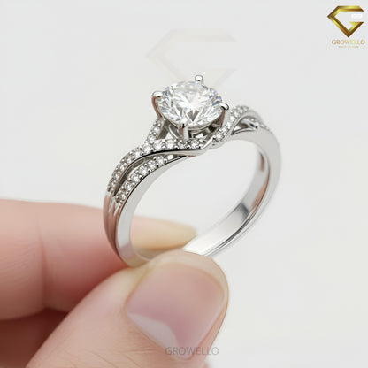 2CT Round Crossover Engagement Ring, Pavé Twisted Band, Solid Gold, Lab-Grown Diamond or Moissanite