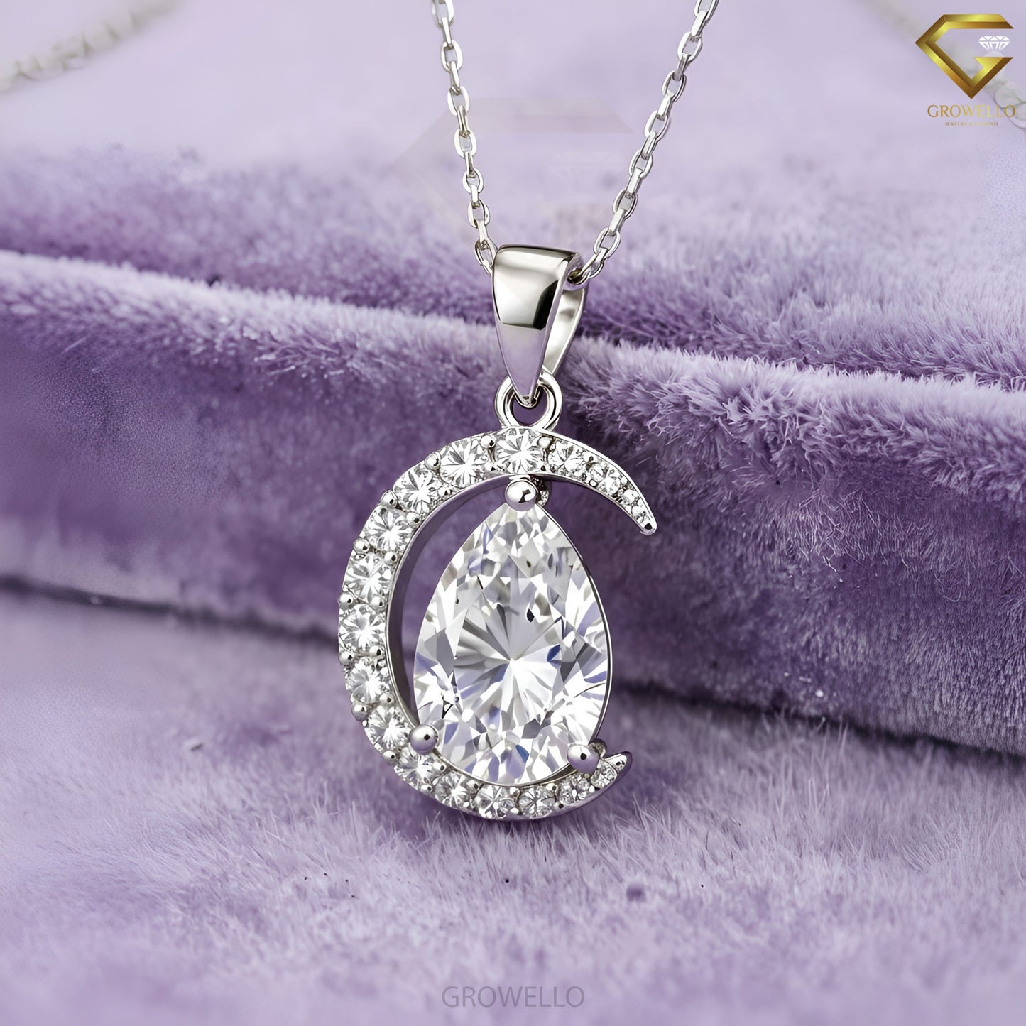 5CT Pear Cut Vintage Crescent Halo Pendant Necklace, Asymmetrical Wrap, Solid Gold, Lab-Grown Diamond or Moissanite