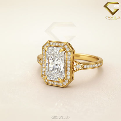 3 CT Radiant Engagement Ring, Art Deco Halo, Pave-Band, IGI Lab Diamond or Moissanite