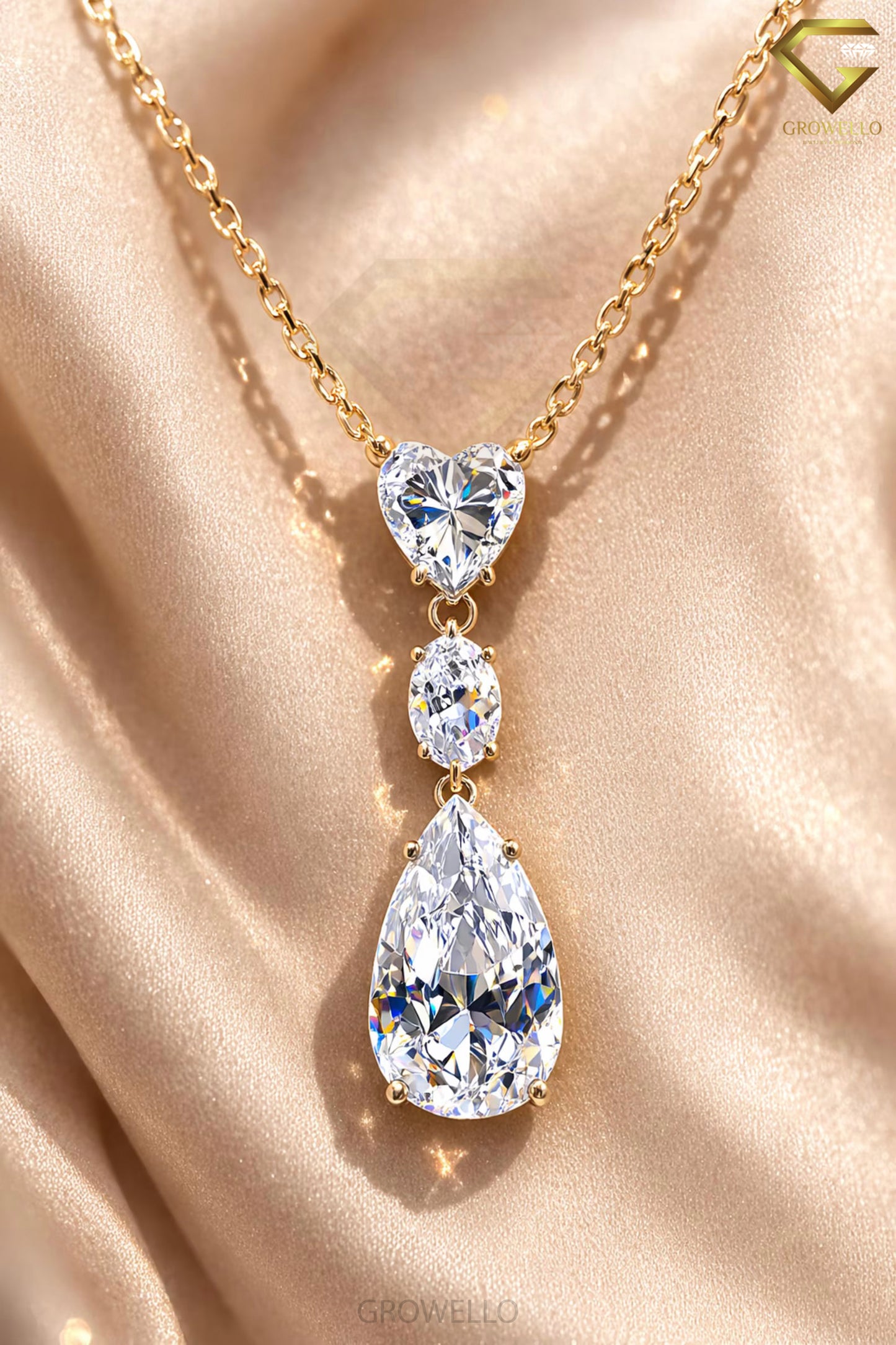 Heart Oval Pear Drop Necklace, 3 Stone Pendant, Solid Gold, Lab Grown Diamond or Moissanite