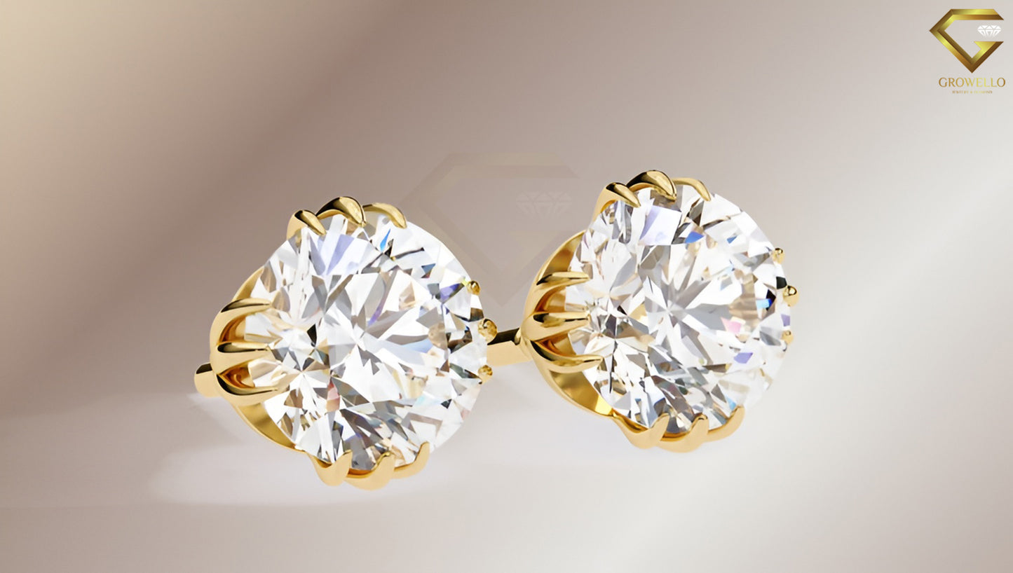 3CT Each Round Diamond Crown Stud Earrings, Split 4 Prong Basket Solitaire, Lab Grown Diamond or Moissanite, Solid Gold