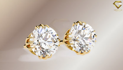 3CT Each Round Diamond Crown Stud Earrings, Split 4 Prong Basket Solitaire, Lab Grown Diamond or Moissanite, Solid Gold