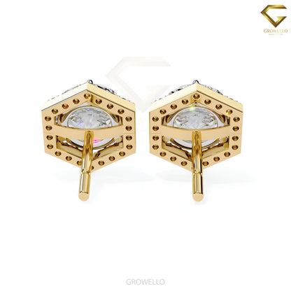 2CT Round Diamond Hexagon Halo Stud Earrings, Geometric Luxury Studs in Solid Gold, Lab Grown Diamond or Moissanite