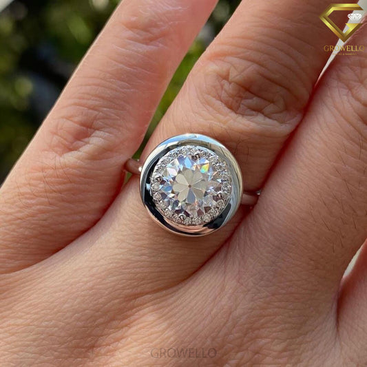 2CT Round Halo Bezel Engagement Ring, Vintage Dome, Minimalist Statement Ring, IGI Lab Diamond or Moissanite
