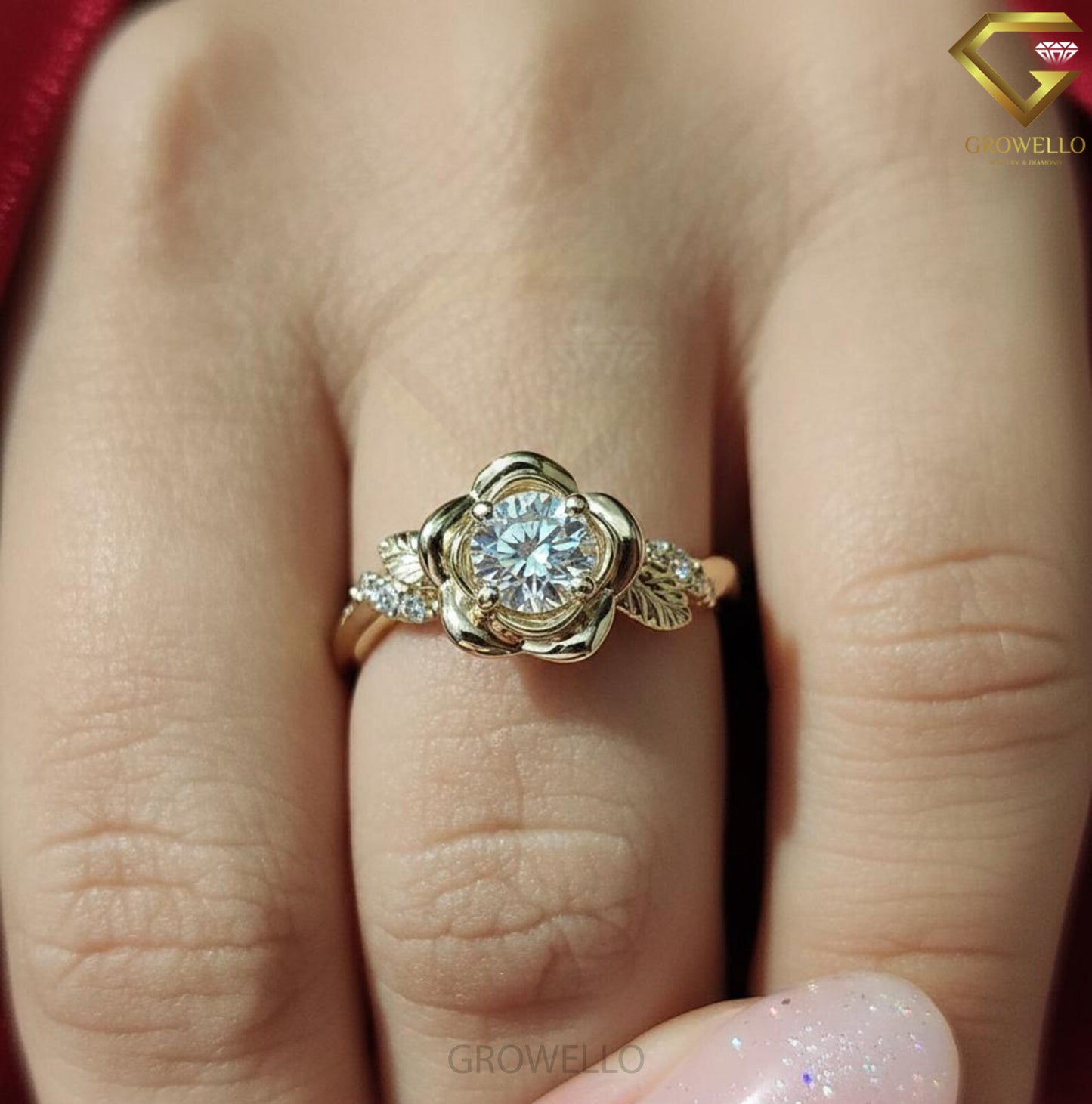 Rose Flower Diamond Engagement Ring, Floral Leaf Vine Botanical Design, IGI Lab Diamond or Moissanite