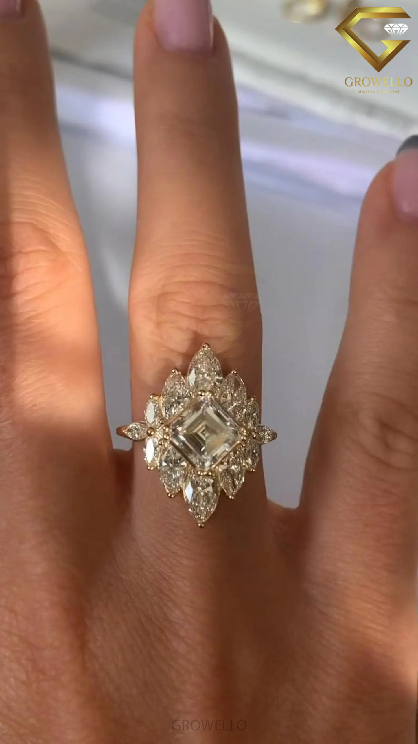 3CT Asscher Halo Engagement Ring, Vintage Marquise Cluster, Solid Gold, Lab Grown Diamond or Moissanite