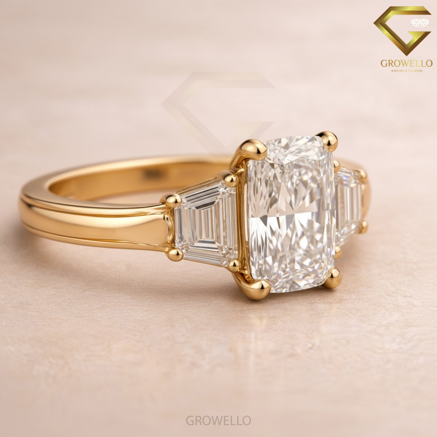 3 CT Radiant Cut Trapezoid Side Stone Engagement Ring, Solid Gold, IGI Lab Diamond or Moissanite