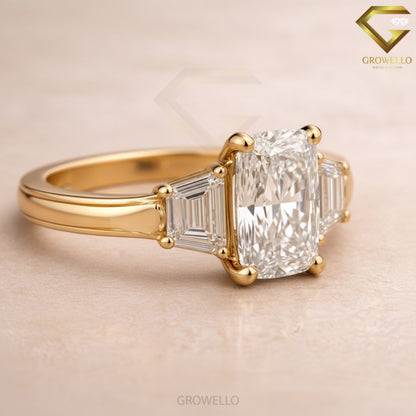 3 CT Radiant Cut Trapezoid Side Stone Engagement Ring, Solid Gold, IGI Lab Diamond or Moissanite