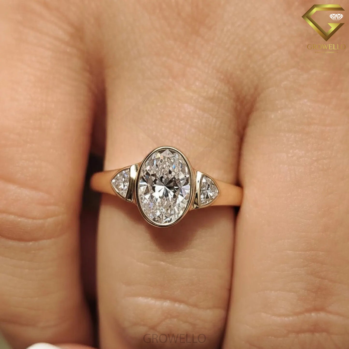 3CT Oval Three Stone Engagement Ring, Trillion Side Diamonds, Bezel Set, Solid Gold, Lab Grown Diamond or Moissanite
