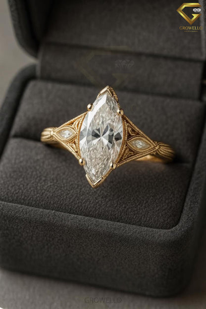 3 CT Marquise Vintage Filigree Engagement Ring, Art Deco Antique Style, Solid Gold, Lab Diamond or Moissanite
