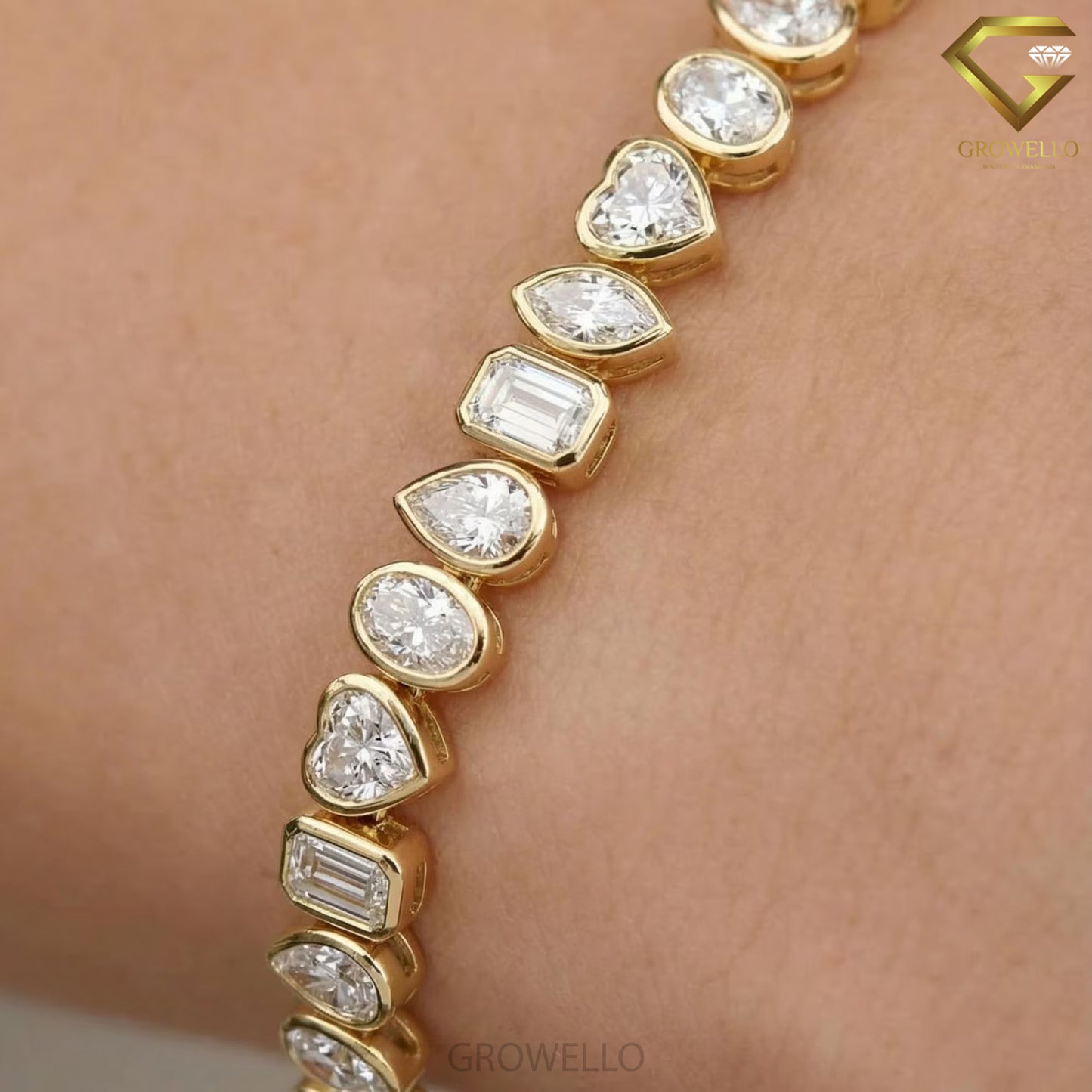 Mixed Shape Bezel Diamond Tennis Bracelet, Minimalist Solid Gold, Lab Grown or Moissanite