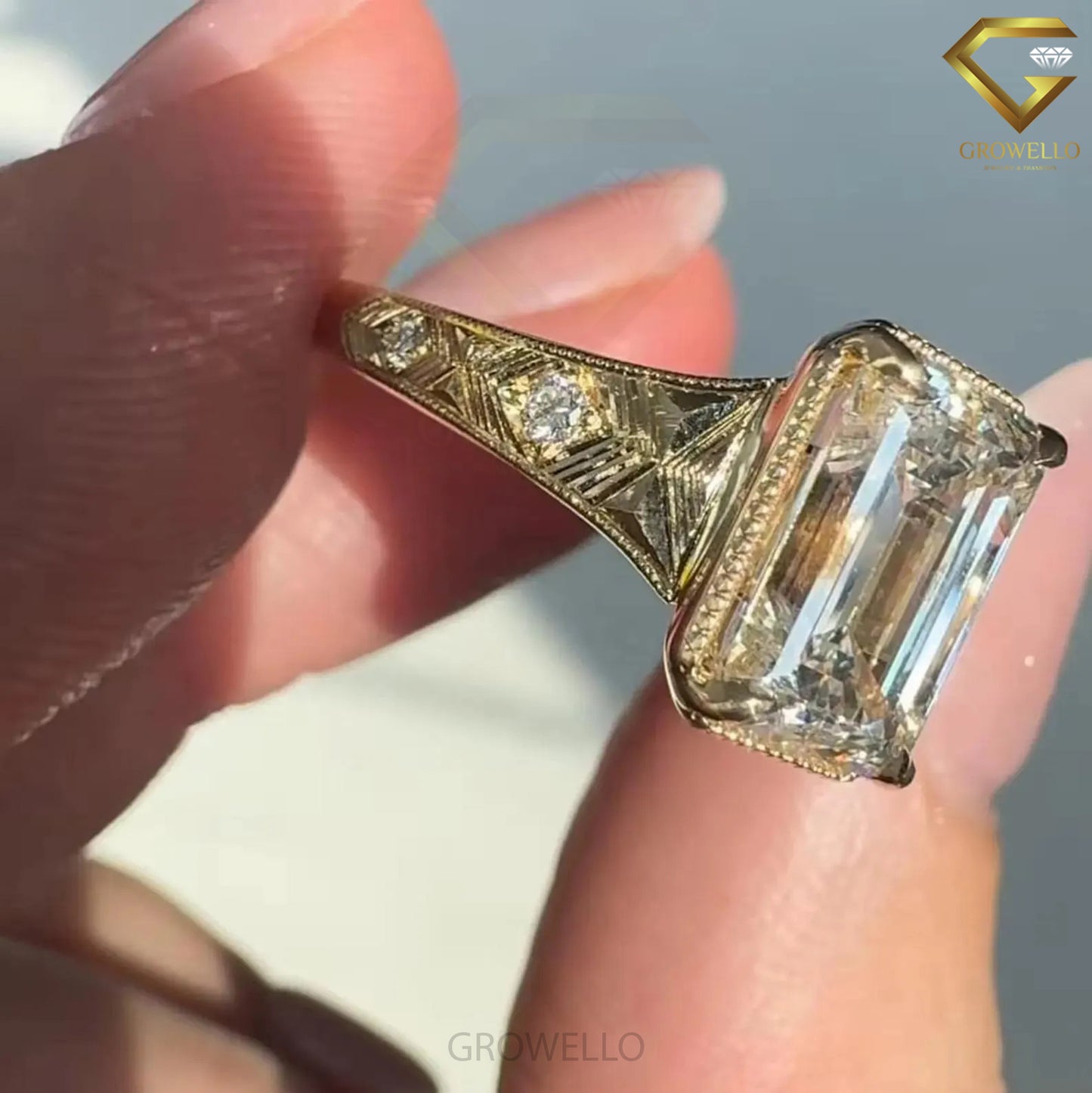 5 CT Emerald Cut Vintage Engraved Engagement Ring, Antique Style, Lab Diamond or Moissanite