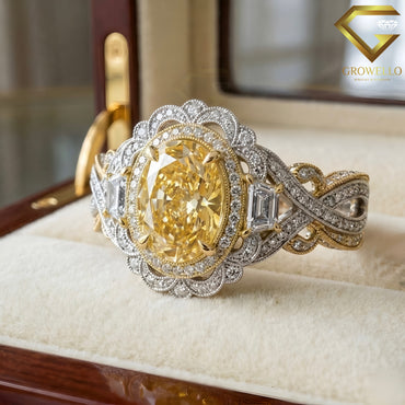 3 CT Yellow Oval Halo Engagement Ring, Vintage Crossover, Solid Gold, Lab-Grown Diamond or Moissanite
