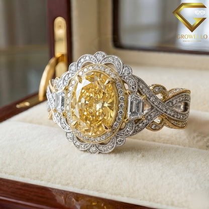 3 CT Yellow Oval Halo Engagement Ring, Vintage Crossover, IGI Lab Diamond or Moissanite