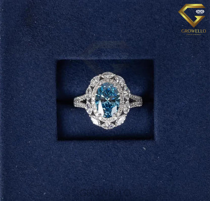3CT Blue Oval Halo Engagement Ring, Marquise Floral Cluster, Split Pavé Band, Lab Diamond or Moissanite