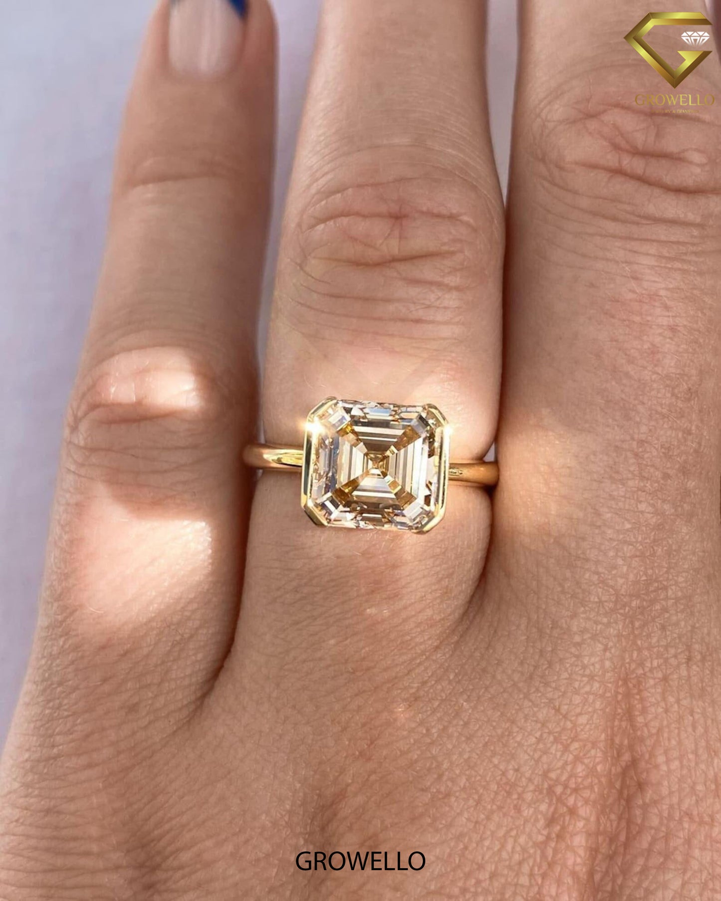 4CT Vintage Champagne Asscher Cut Engagement Ring, Half-Bezel, Lab Grown Diamond/Moissanite, Solid Gold