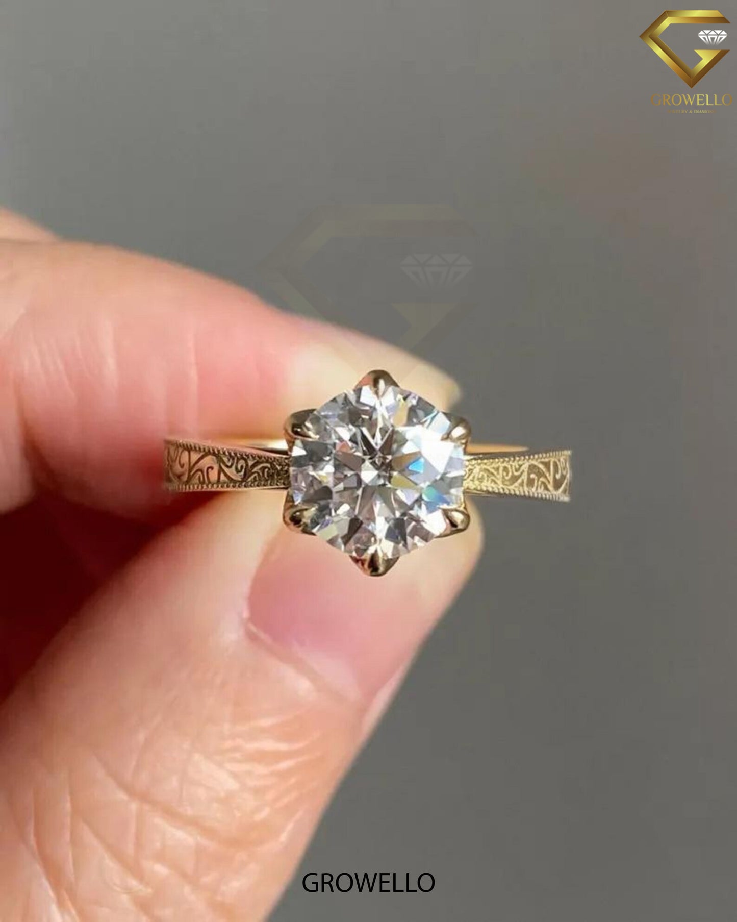 3CT Round Lotus Crown Solitaire Engagement Ring, Engraved Milgrain Band, Solid Gold, Lab-Grown or Moissanite Diamond