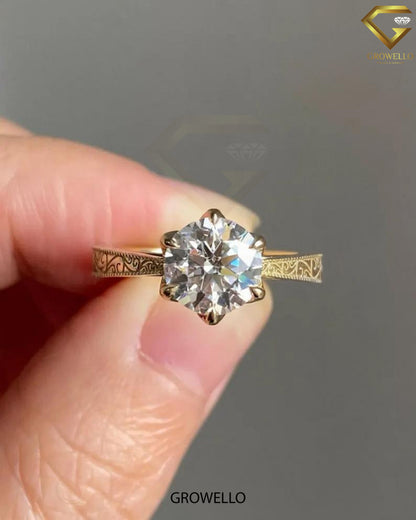 3CT Round Lotus Crown Solitaire Engagement Ring, Engraved Milgrain Band, Solid Gold, Lab-Grown or Moissanite Diamond