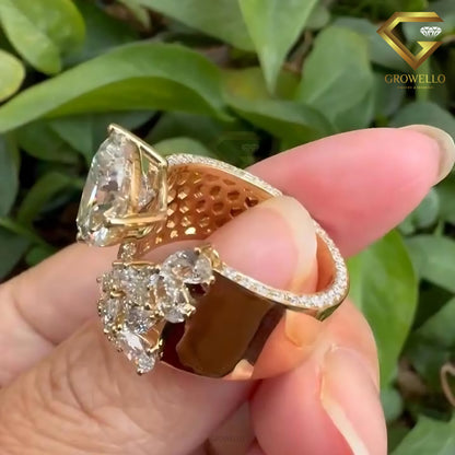 7CT Pear Cut Open Ring, Bold Statement Engagement Ring, Solid Gold, Lab Grown or Moissanite Diamond