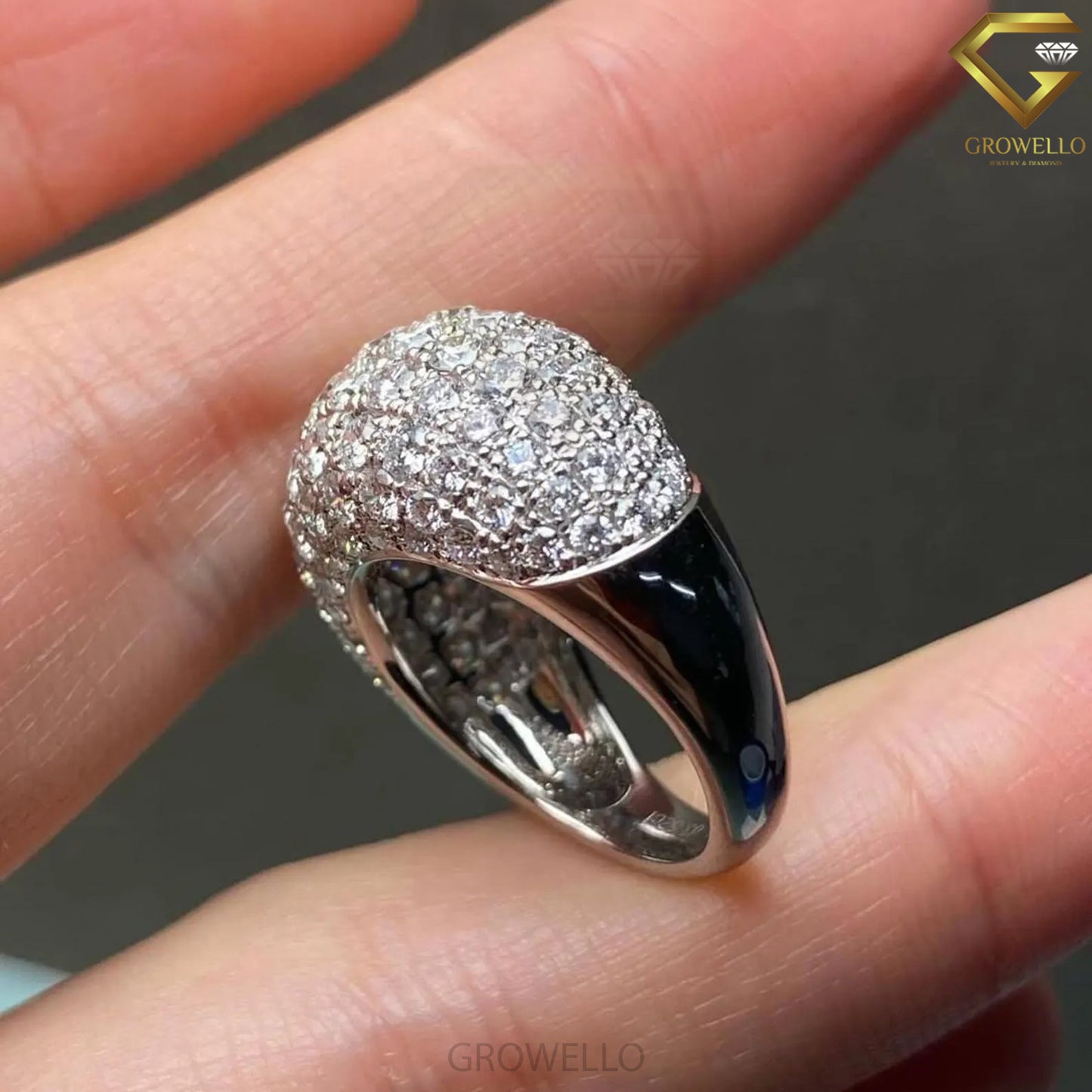 Pave Diamond Dome Engagement Ring, Wide Band, Solid Gold, Lab Grown or Moissanite Diamond