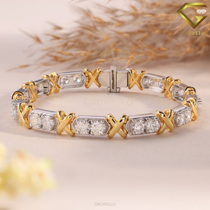Round Diamond Link Bracelet, X Wrap Design, Solid Gold, Lab Grown Diamond or Moissanite