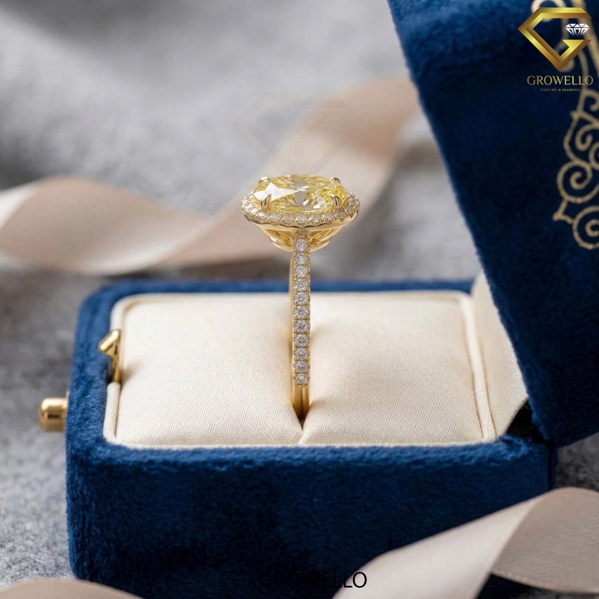 4 CT Yellow Oval Halo Engagement Ring, Pave Band, Solid Gold, IGI Lab Grown Diamond or Moissanite