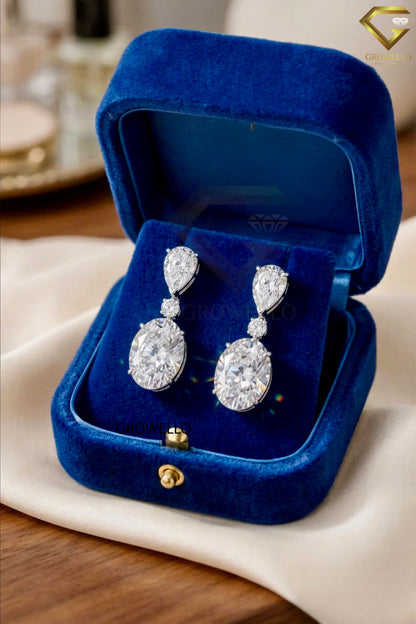 5 CT Oval Drop Earrings, Pear Round Three Stone, Solid Gold, Lab Grown Diamond or Moissanite