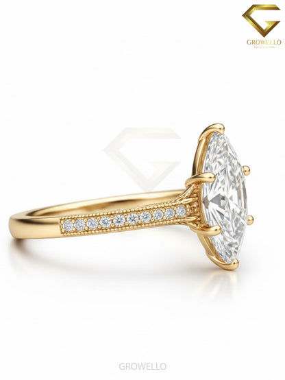 3 CT Marquise Engagement Ring, Vintage Milgrain, Solid Gold, IGI Lab Diamond or Moissanite