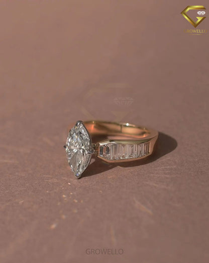 3 CT Marquise Baguette Engagement Ring, Tapered Band, Solid Gold, Lab Grown Diamond or Moissanite