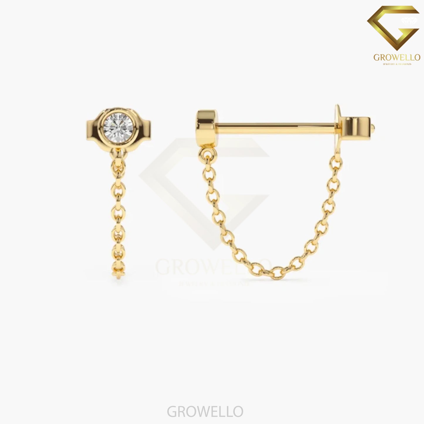 Round Bezel Diamond Chain Drop Earrings, Dainty Solid Gold Studs, Lab-Grown Diamond or Moissanite