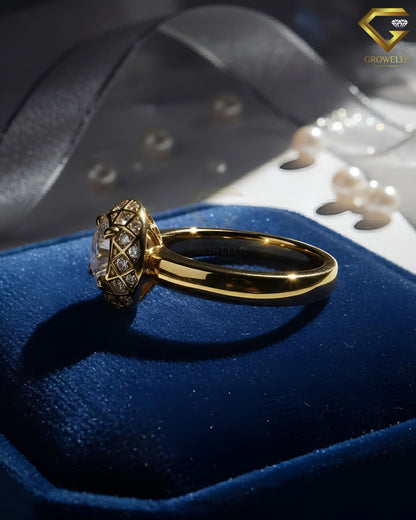 2CT Round Halo Engagement Ring, Geometric Vintage Dome Setting, Solid Gold, Lab Grown Diamond or Moissanite