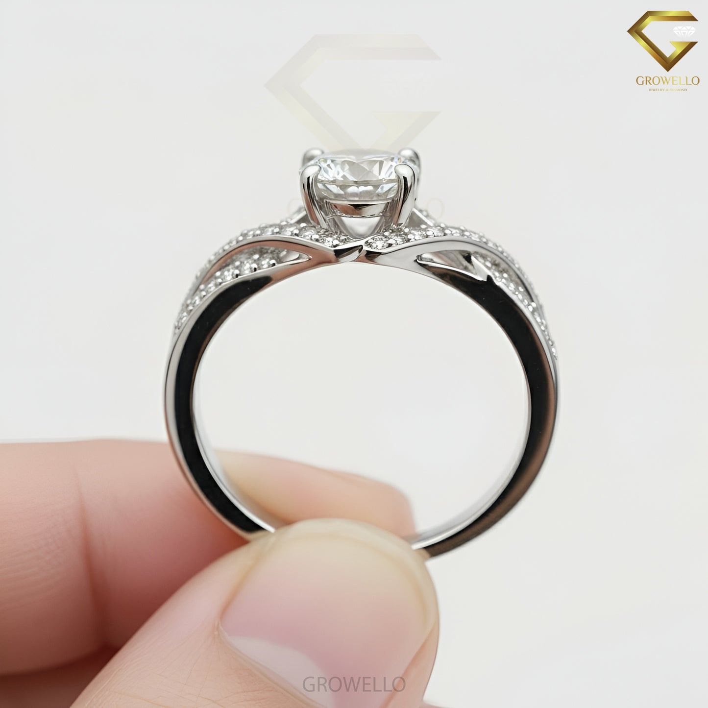 2CT Round Crossover Engagement Ring, Pavé Twisted Band, Solid Gold, Lab-Grown Diamond or Moissanite