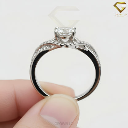 2CT Round Crossover Engagement Ring, Pavé Twisted Band, Solid Gold, Lab-Grown Diamond or Moissanite