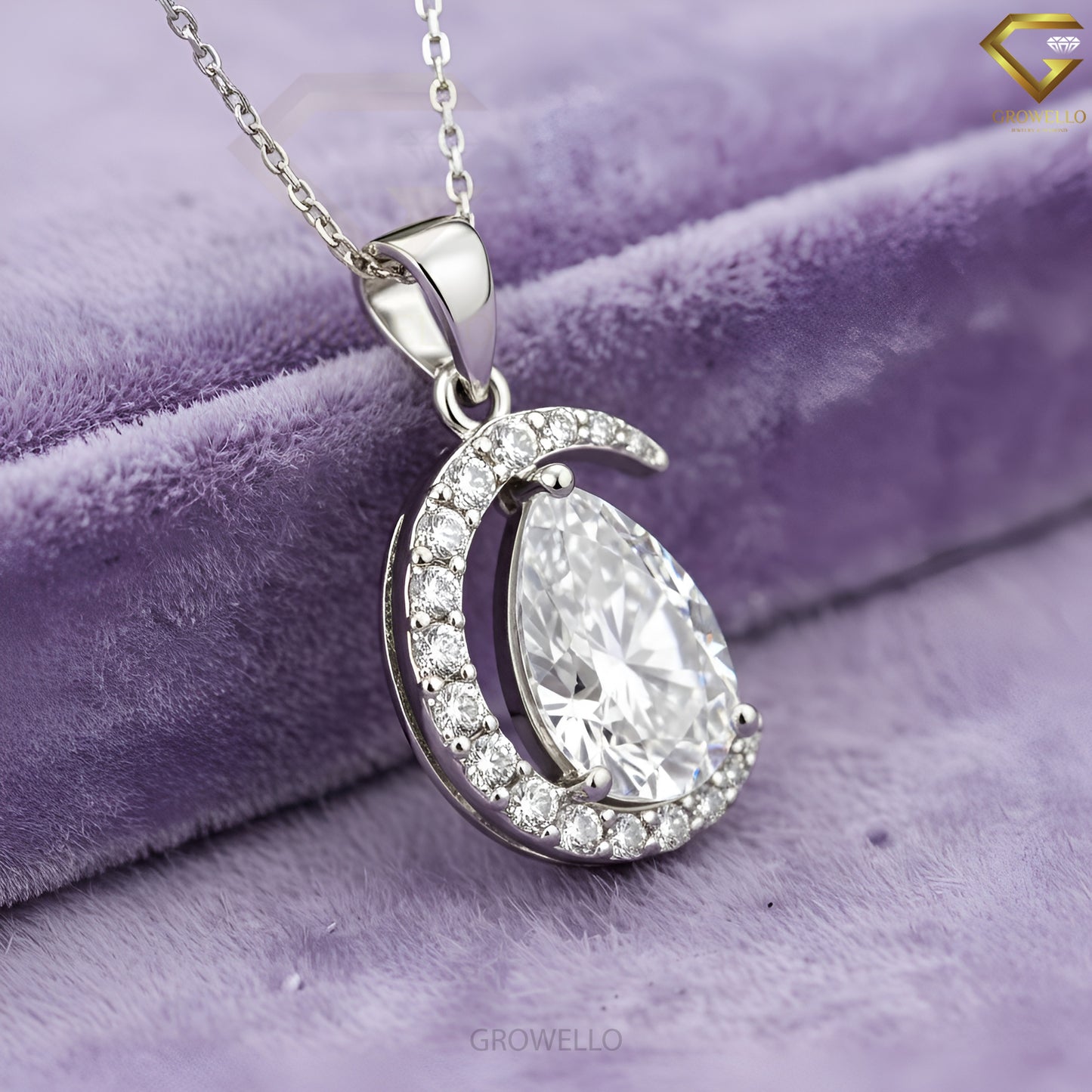 5CT Pear Cut Vintage Crescent Halo Pendant Necklace, Asymmetrical Wrap, Solid Gold, Lab-Grown Diamond or Moissanite